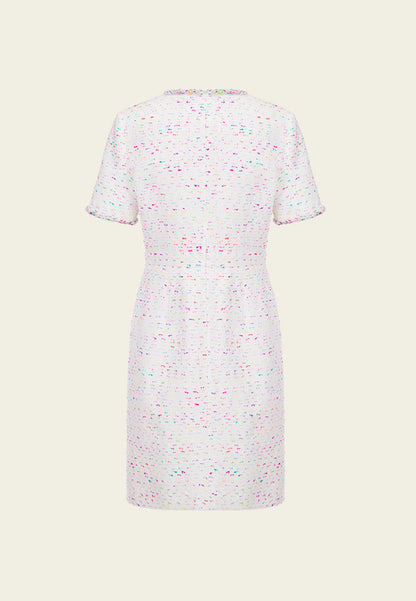 Candy White V-neck Tweed Dress