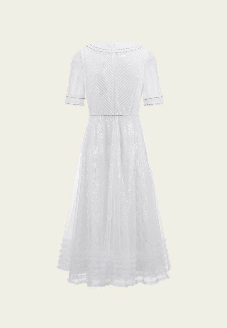 Sequins Rhinestone Embellished Pleated Chiffon Lapel Dress