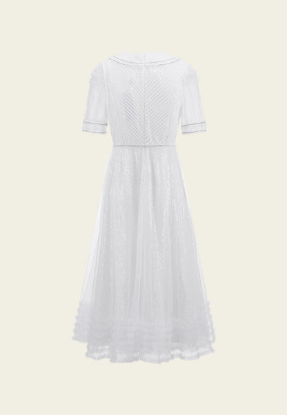 Sequins Rhinestone Embellished Pleated Chiffon Lapel Dress