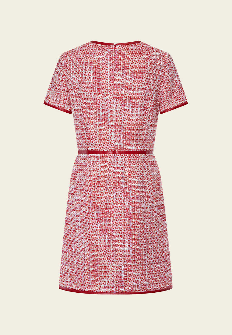 Red Leather-trimmed Tweed Mini Dress