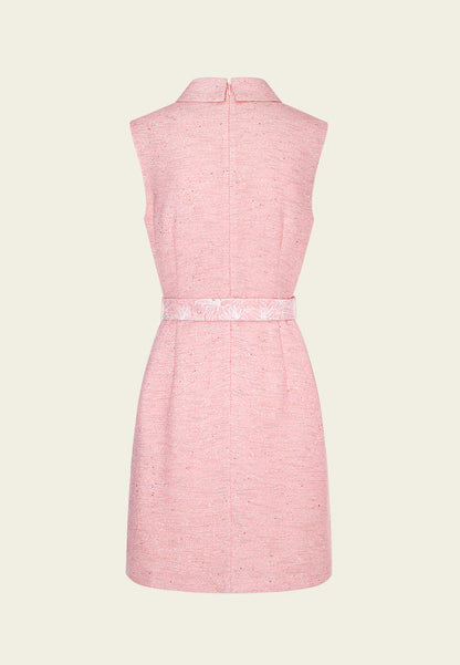 Pink Collar Belted Tweed Sleeveless Dress