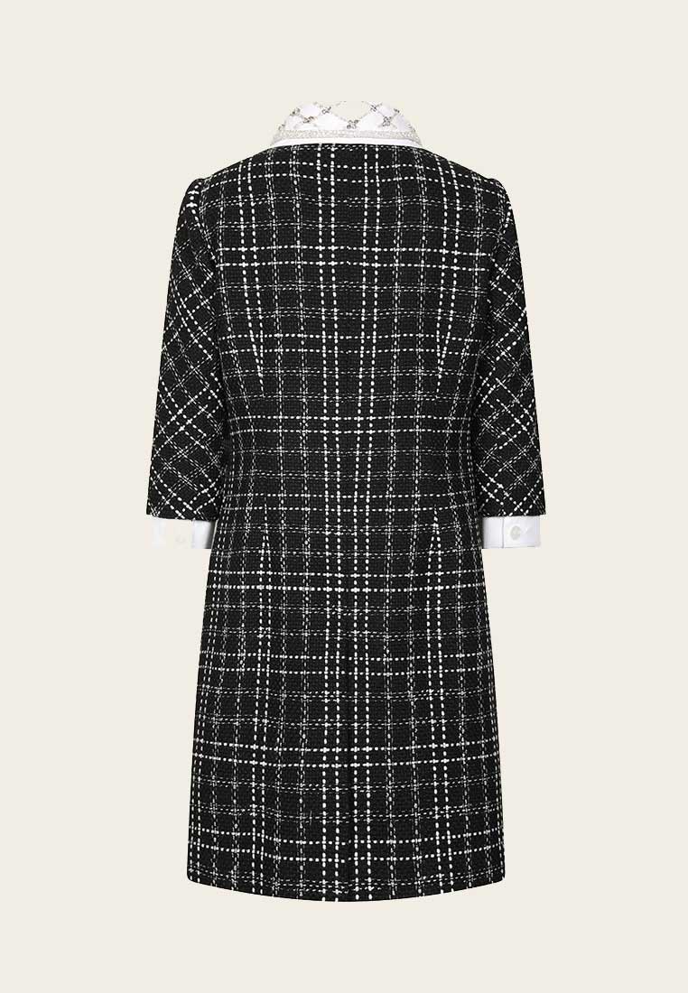 Beaded White Lapel Black Tweed Dress
