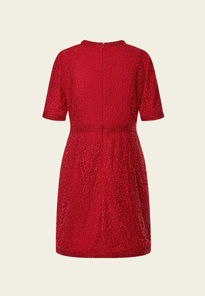 Red Signature Short-sleeved Lace Tweed Dress