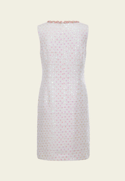 White Beaded Sequin Sleeveless Tweed Dress