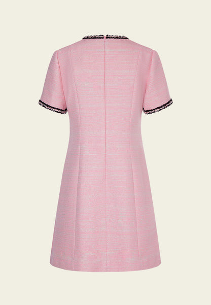Black Trimmed Pink Tweed Pleated Dress