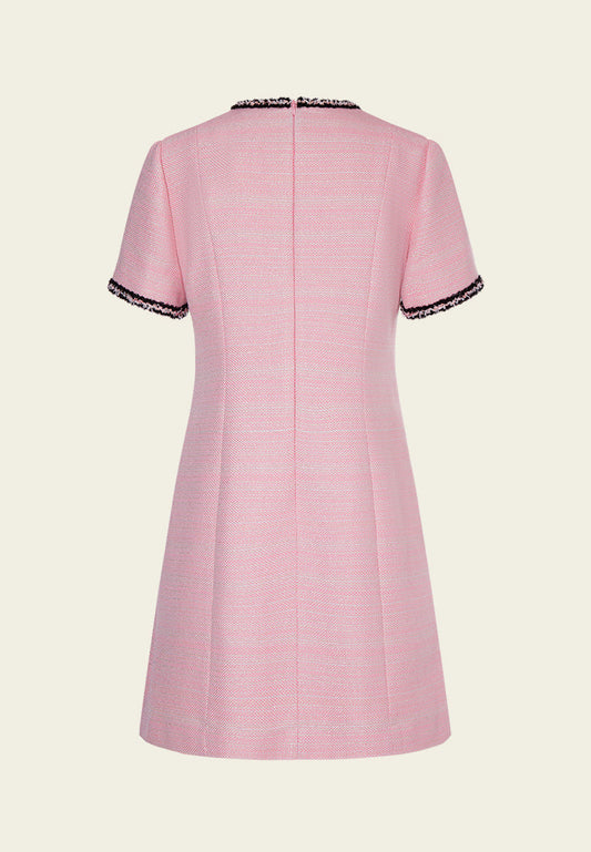 Black Trimmed Pink Tweed Pleated Dress