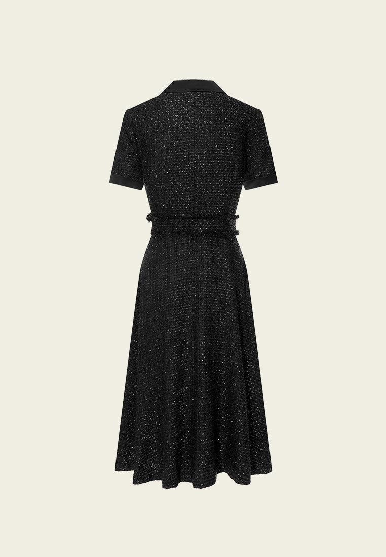 Belt-detail Black Tweed Lapel Dress