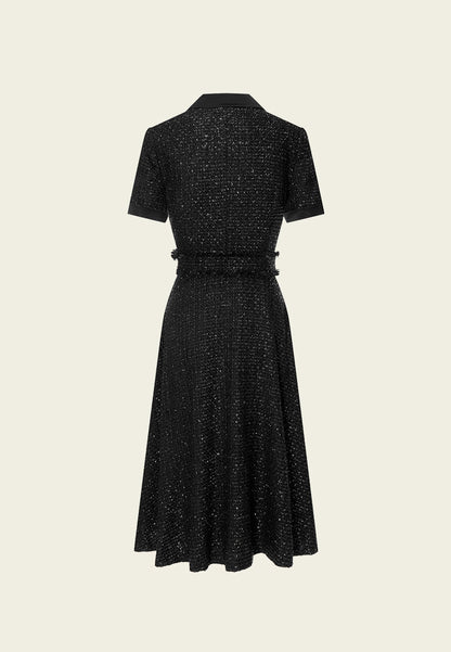 Belt-detail Black Tweed Lapel Dress