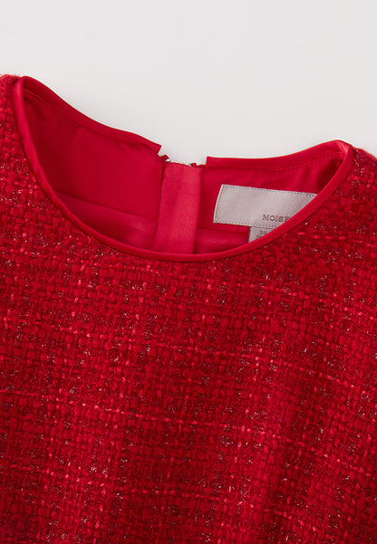 Red Cap-sleeved Embroidered Mesh Tweed Dress