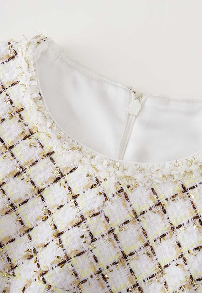 Beige Checked Fake Two Piece Tweed Dress