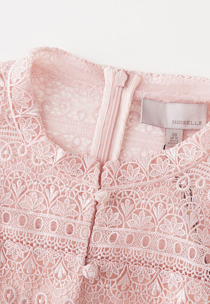 Pink Stand Collar Lace Dress