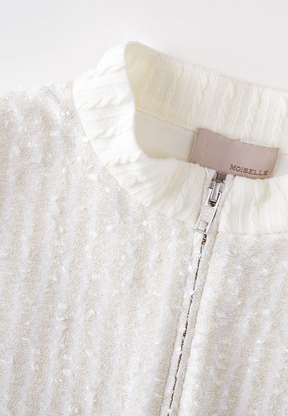 Beige White Stand Collar Zip-Up Tweed Dress