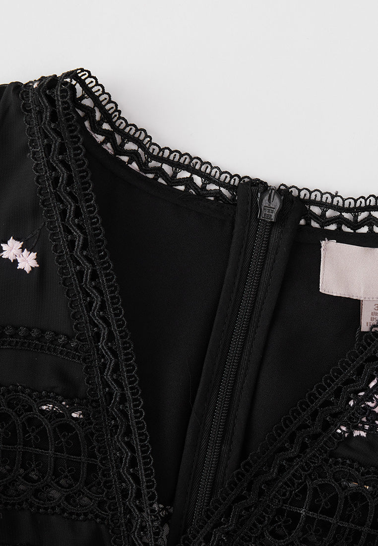 Black Embroidered Tie-waist Dress