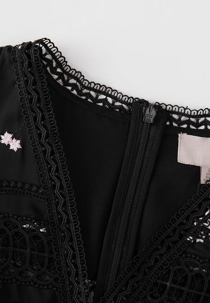 Black Embroidered Tie-waist Dress