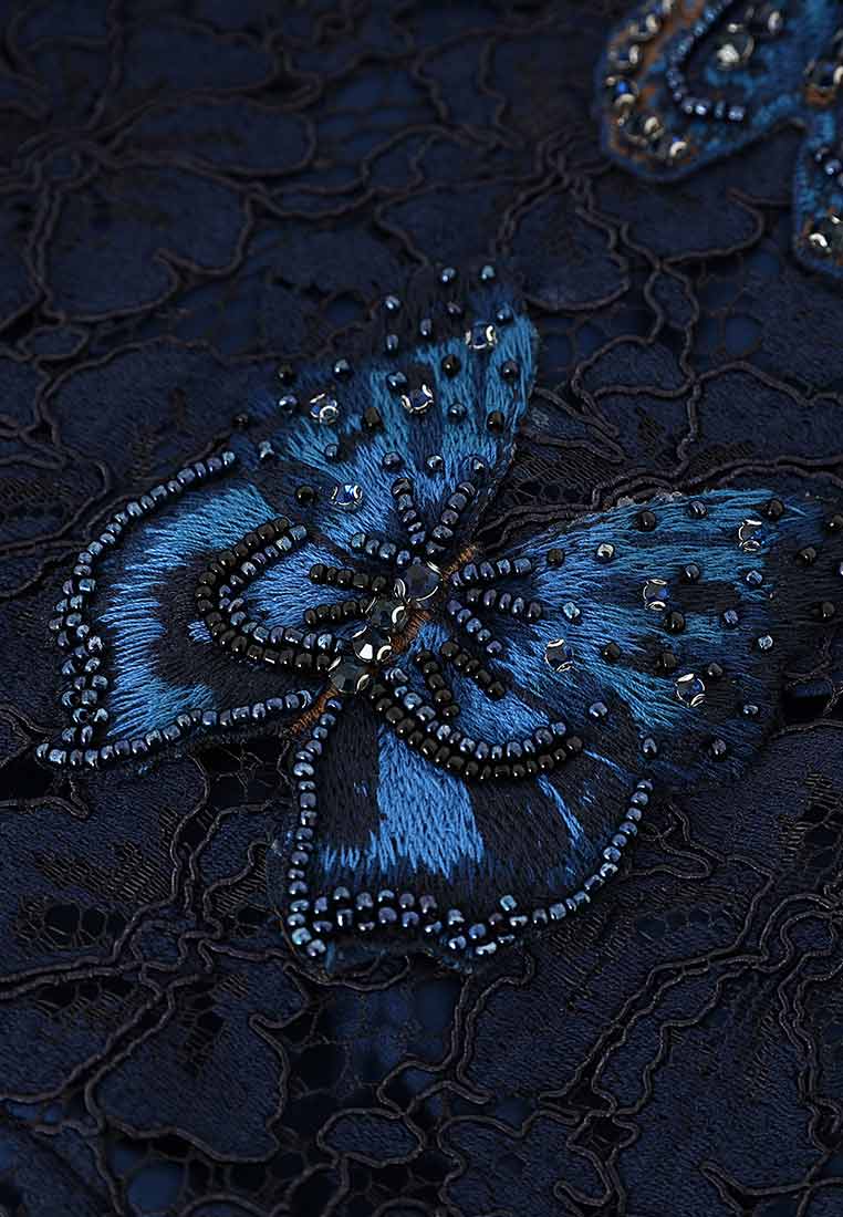 Butterfly-embroidered blue lace dress