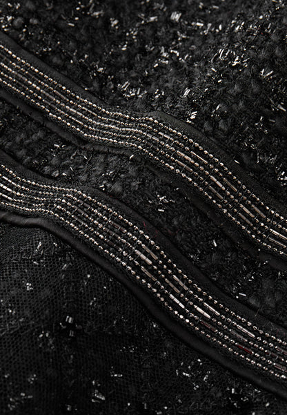 Black Cap-sleeved Embroidered Mesh Tweed Dress