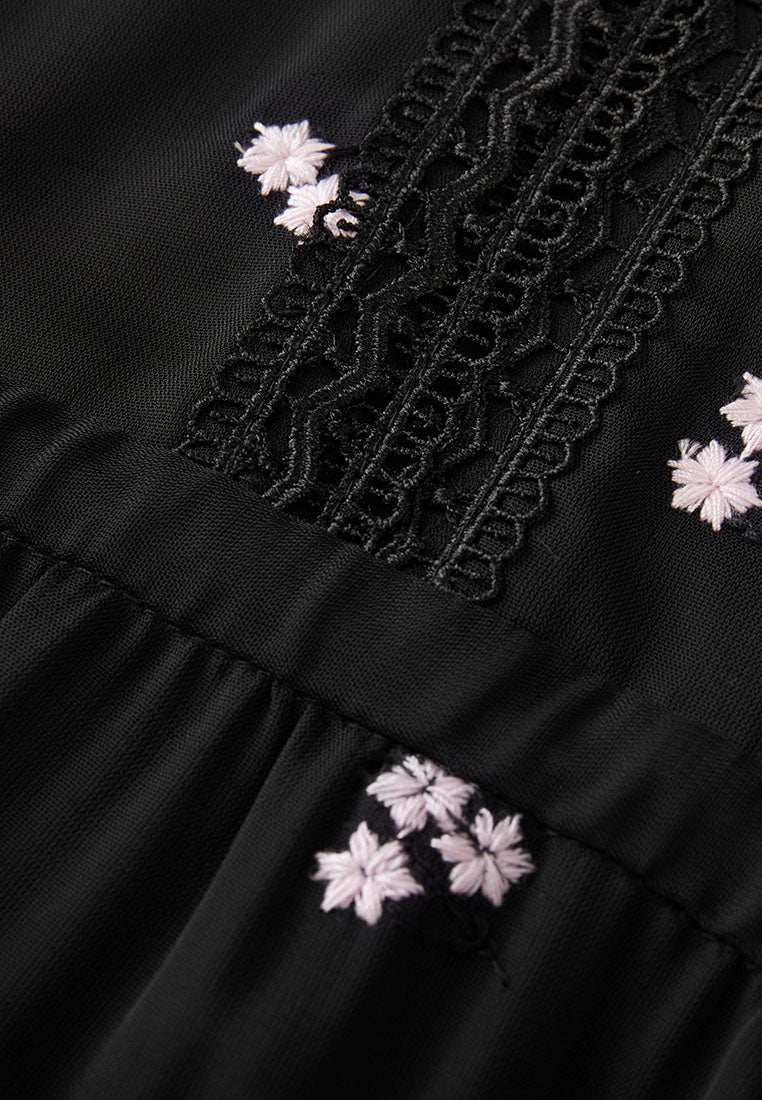 Black Embroidered Tie-waist Dress