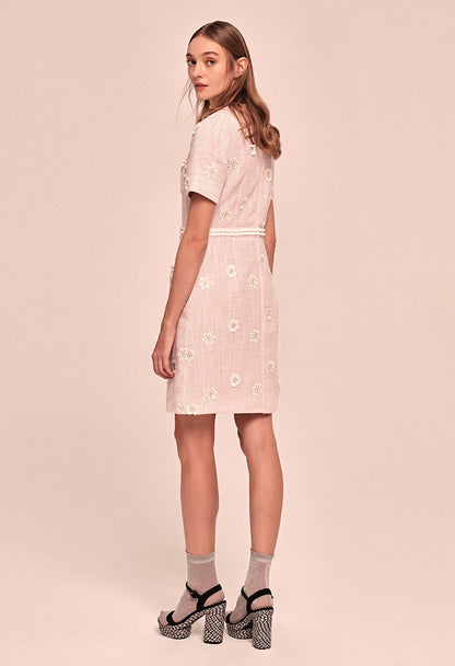Daisy-embroidered tweed dress