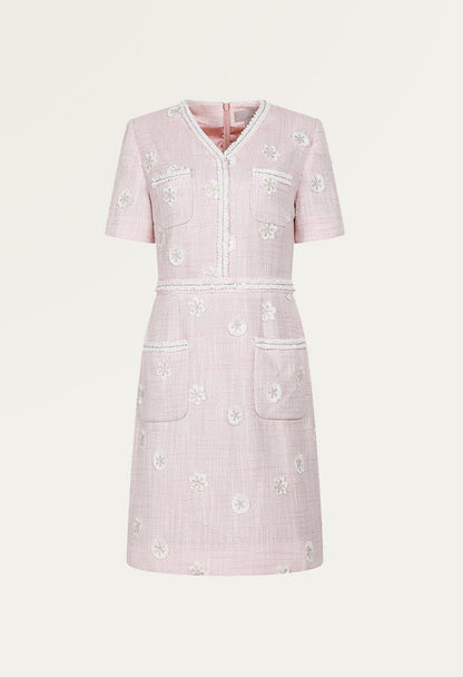Daisy-embroidered tweed dress