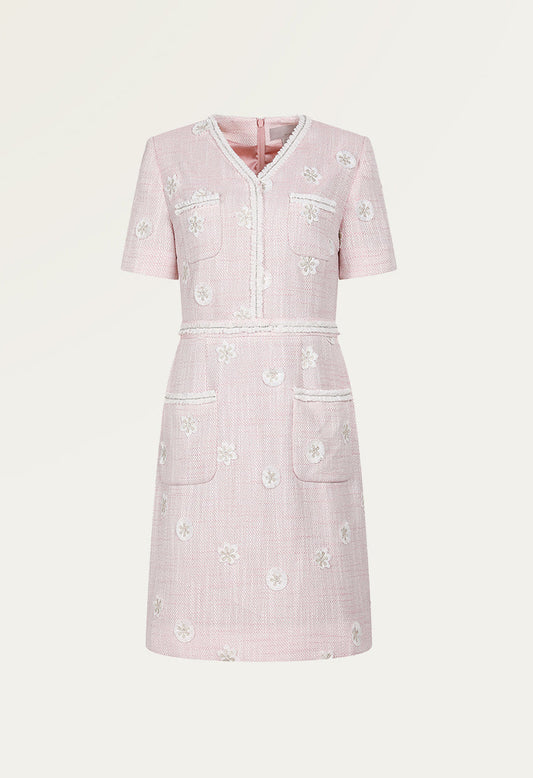 Daisy-embroidered tweed dress