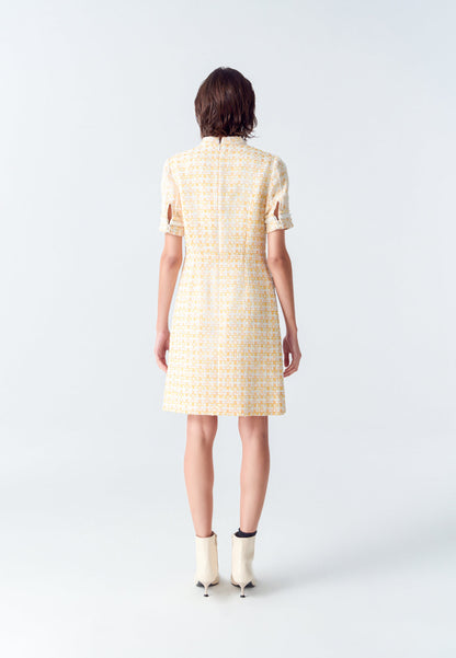 Yellow Signature Stand Collar Tweed Dress