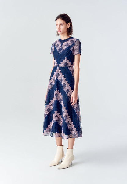 Blue Embroidered Lace Short-sleeved Mesh Dress