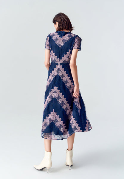 Blue Embroidered Lace Short-sleeved Mesh Dress