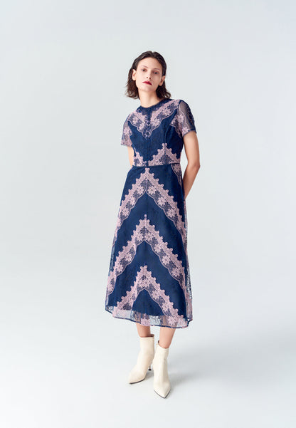 Blue Embroidered Lace Short-sleeved Mesh Dress