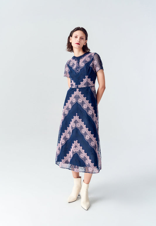 Blue Embroidered Lace Short-sleeved Mesh Dress