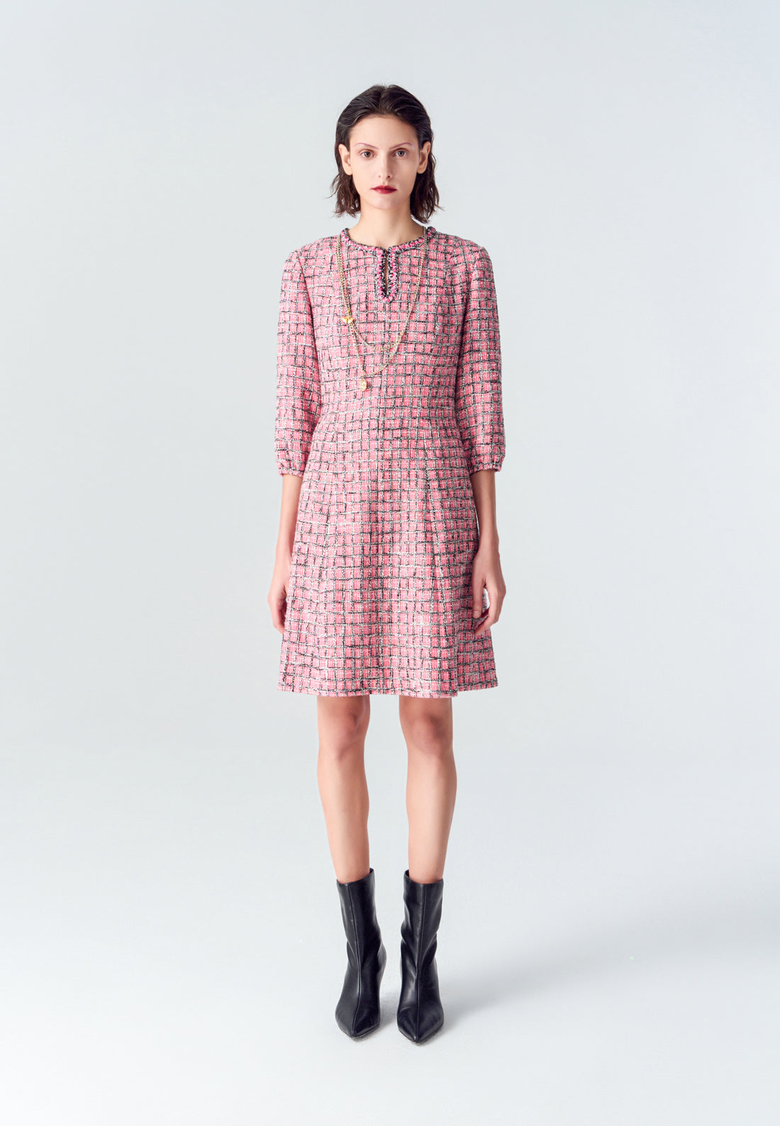 Pink Puff Sleeve Tweed Midi Dress