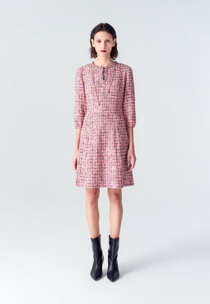 Pink Puff Sleeve Tweed Midi Dress
