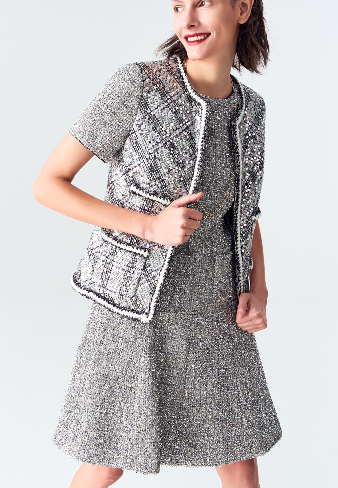 Silver Lurex Tweed Midi Dress