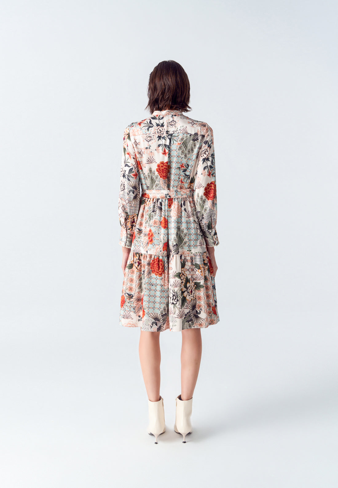 Satin Floral Print Stand Collar Shirt Dress
