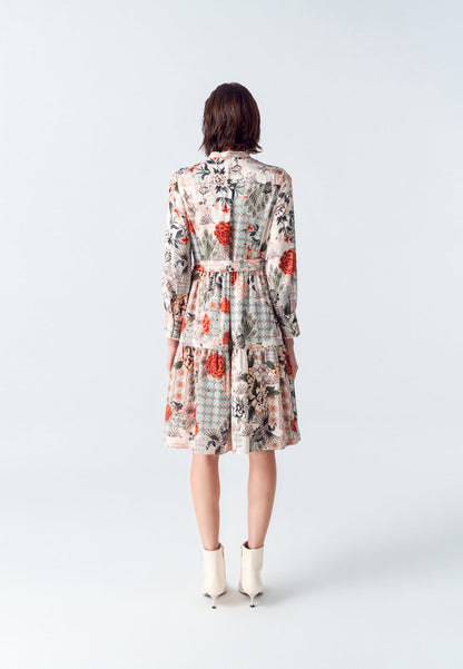 Satin Floral Print Stand Collar Shirt Dress