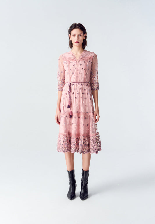 Bohemian Purple V-neck Embroidered Dress