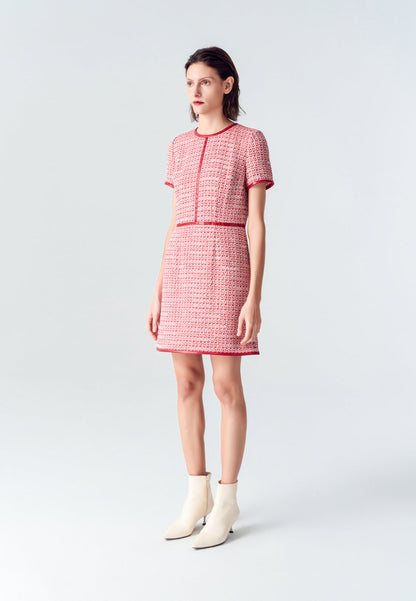 Red Leather-trimmed Tweed Mini Dress