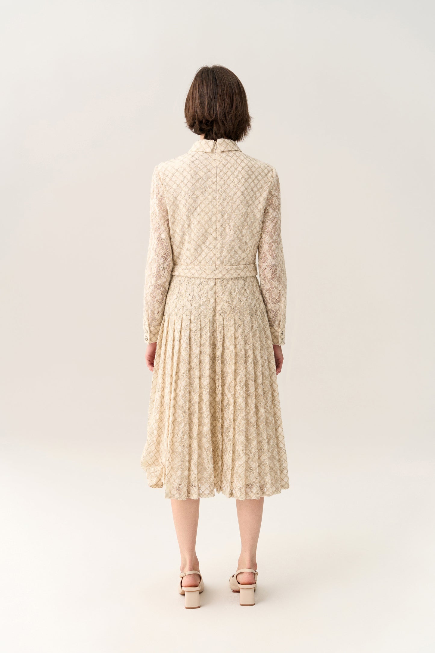 Diagonal Check Lace Pleated Dress with Belt