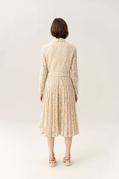 Diagonal Check Lace Pleated Dress with Belt