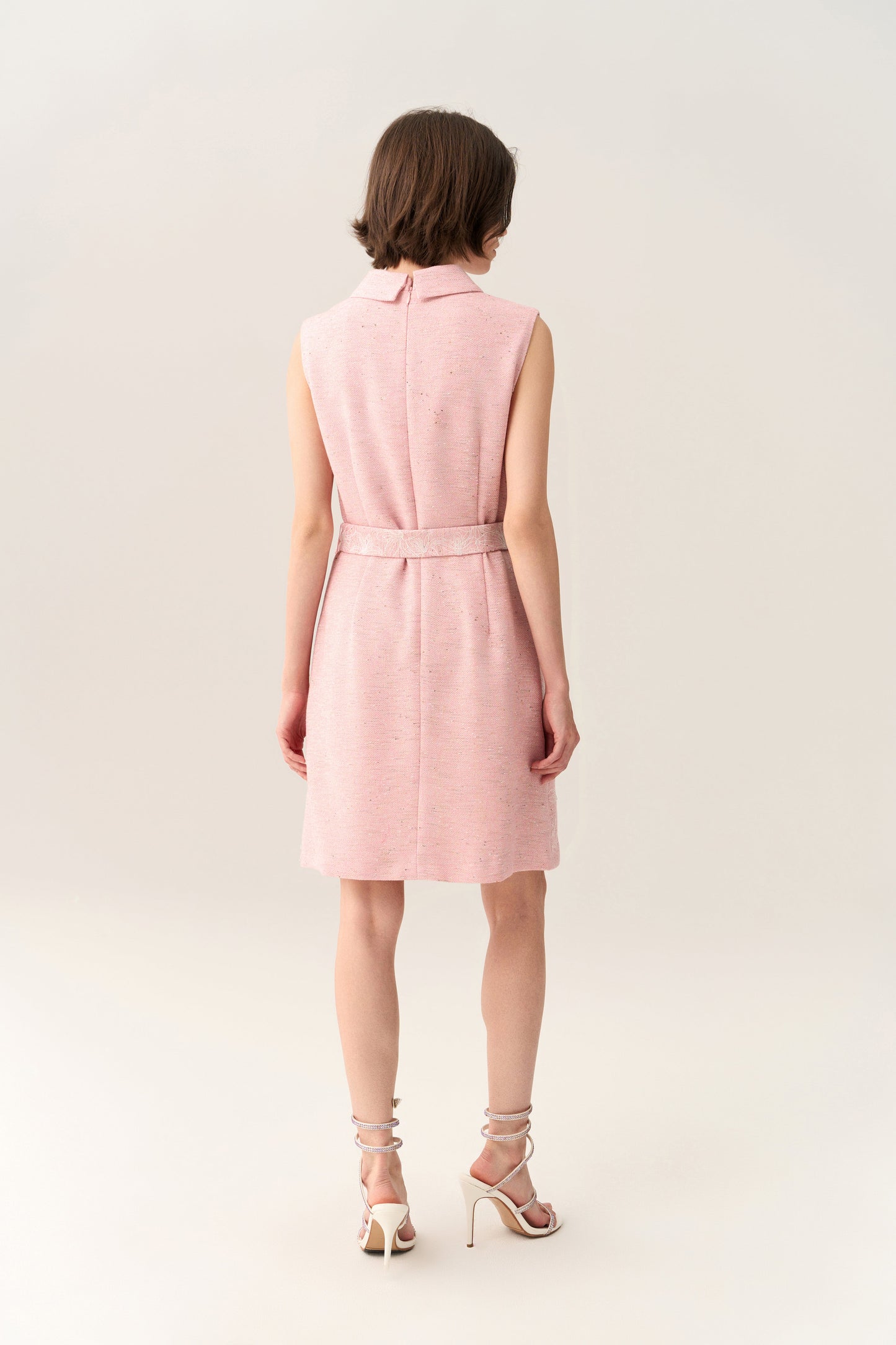 Pink Collar Belted Tweed Sleeveless Dress