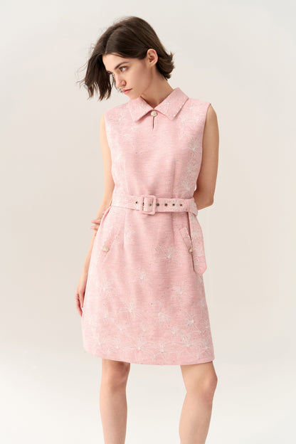 Pink Collar Belted Tweed Sleeveless Dress