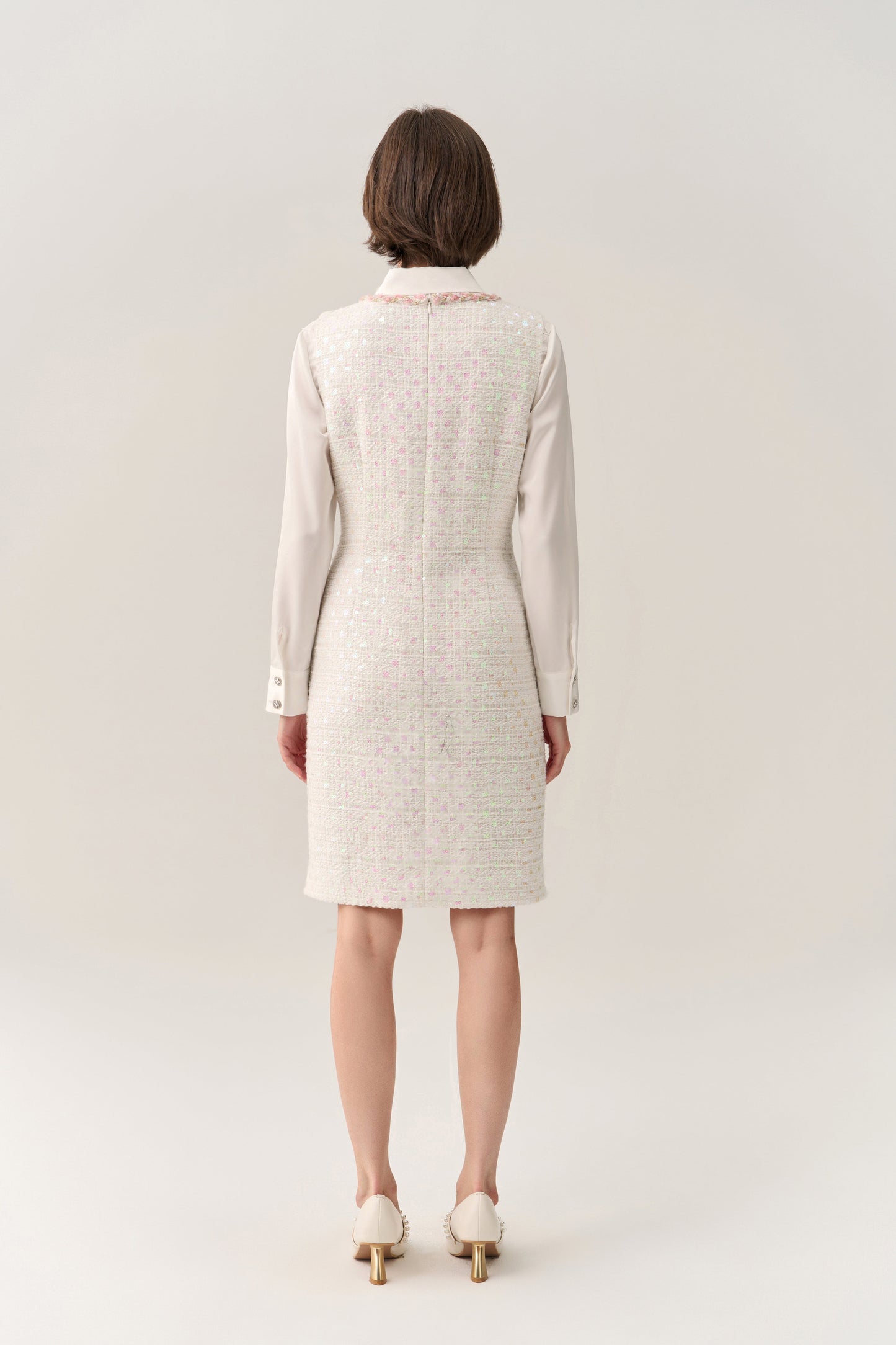 White Beaded Sequin Sleeveless Tweed Dress