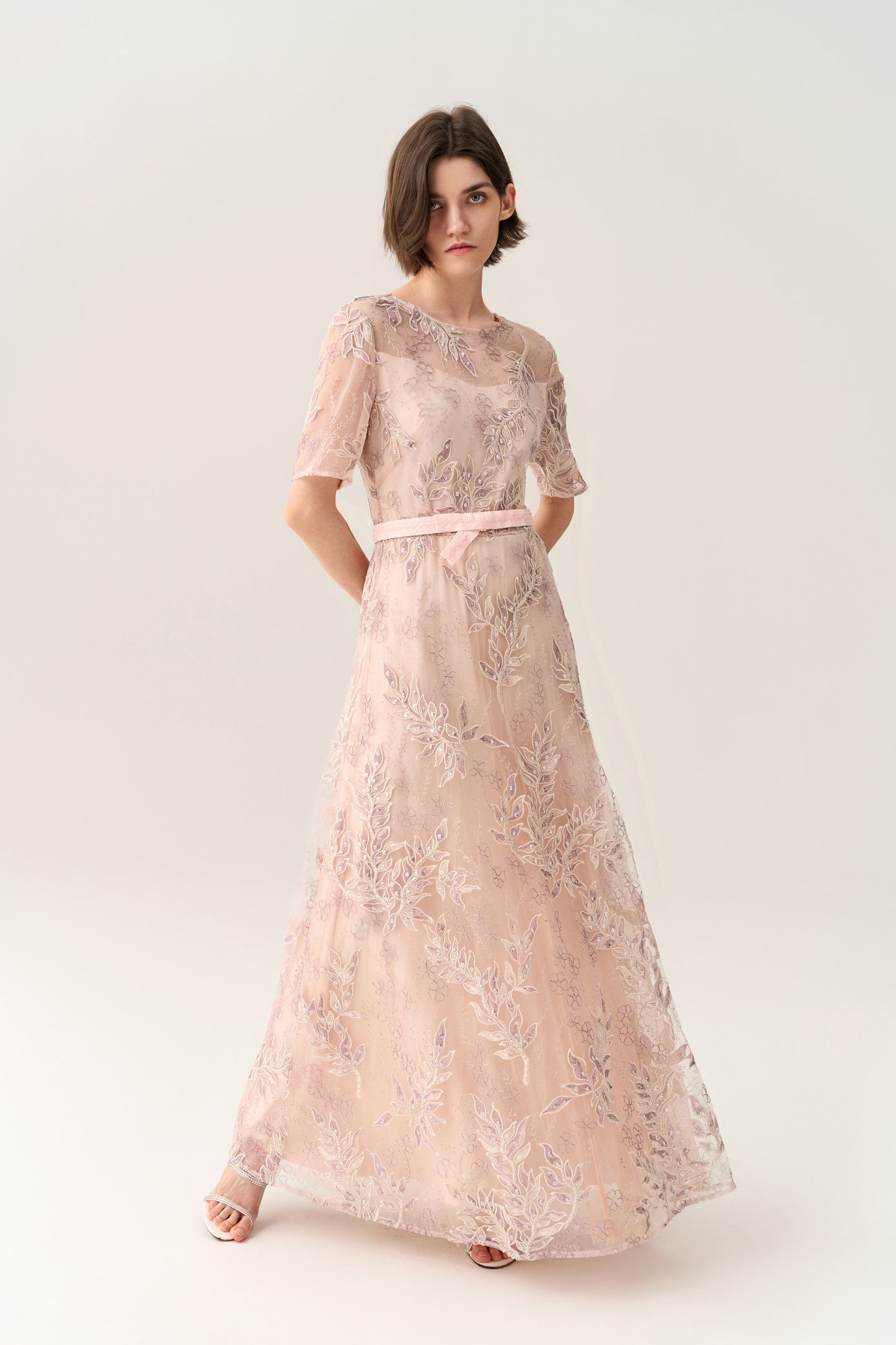 Tie-waist Sequin & Embroidery Mesh Dress