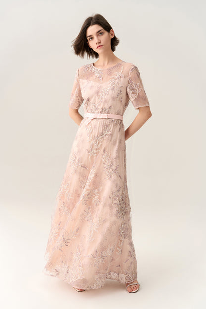 Tie-waist Sequin & Embroidery Mesh Dress
