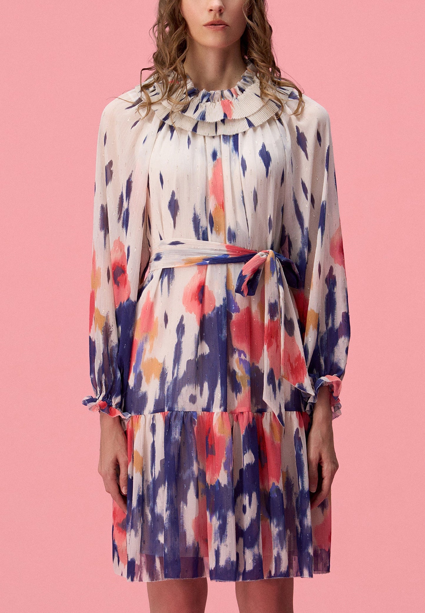 White Floral-print Open-necked Chiffon Dress