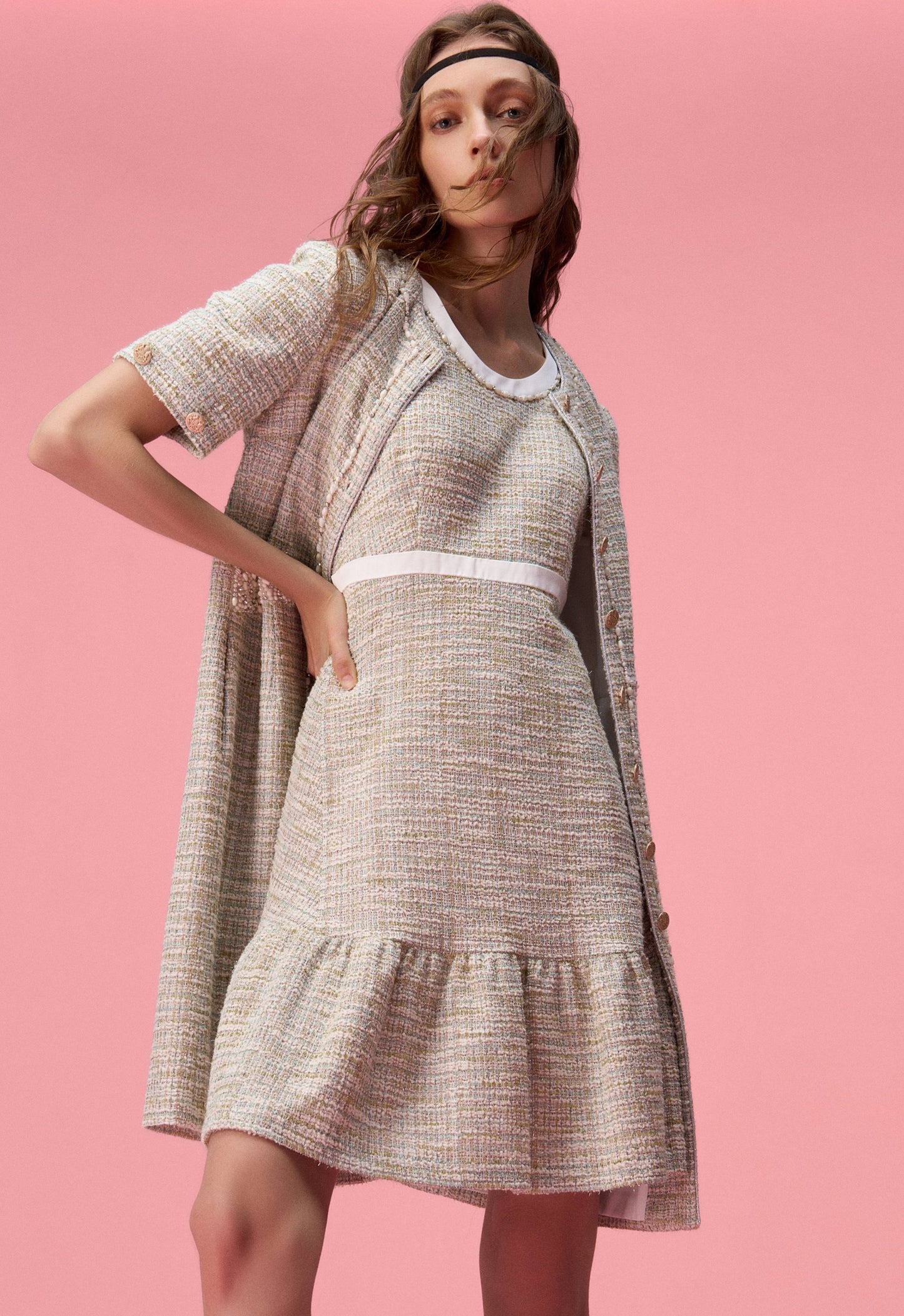 Ruffle-detailing White Lining Mix-green Tweed Dress