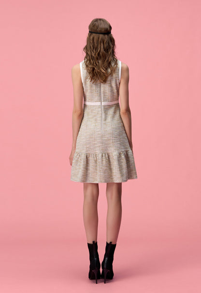 Ruffle-detailing White Lining Mix-green Tweed Dress