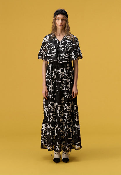 Black Floral Embroidered and Sequined Maxi Dress