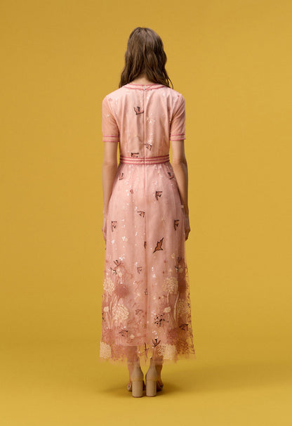 Nature V-neck Pink Organza Short Sleeve Dress
