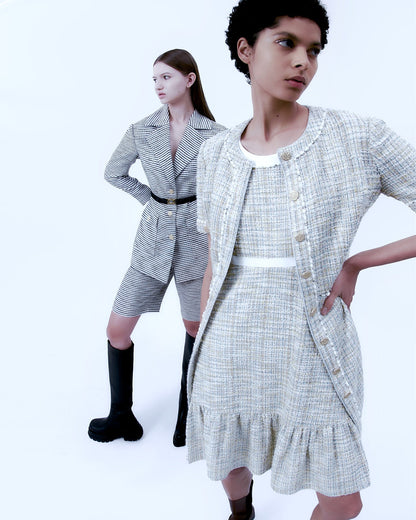 Ruffle-detailing White Lining Mix-green Tweed Dress