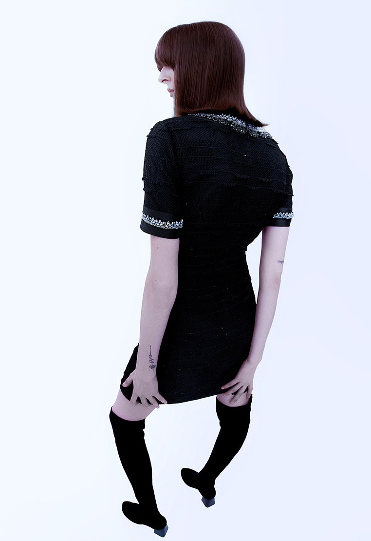 Black Rhinestone Embellished Thigh-length Dress
